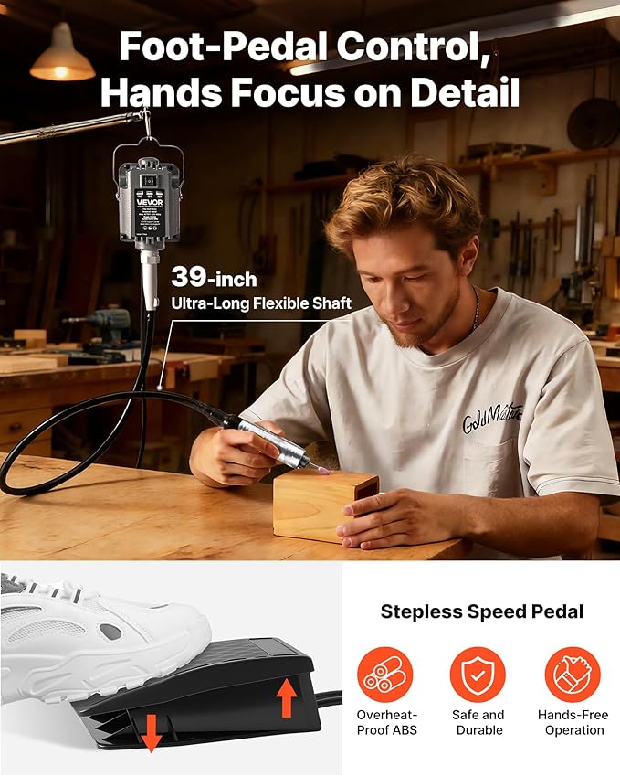 VEVOR Flex Shaft Grinder, 125W 18000RPM Electric Flex Shaft Rotary Tool, Foot-Pedal Control Hanging Carver Grinder with 112PCS Accessory Kit for Sanding Buffing Polishing Cutting