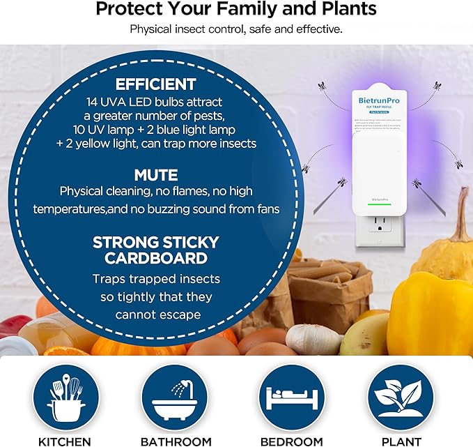 Fly Traps Indoors(1 Device+5 Refills), Gnat Traps for House Indoor, 3-in-1 UV/Blue/Yellow Light Plug-in Flying Insect Catcher Bug Zapper, Fruit Fly Killer, NAT Killer, Get Rid of Gnat Infestation