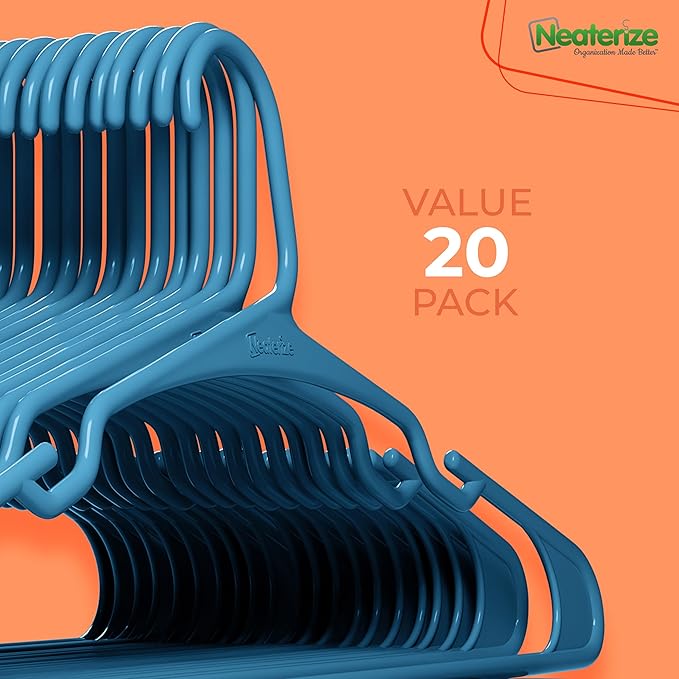NEATERIZE Clothes Hangers Plastic 20 Pack for Adults - Plastic Hangers, The Perfect Coat Hanger and Space Saving Clothes Hangers for Closet, Percheros Ganchos para Colgar Ropa Hangars - Blue Hangers