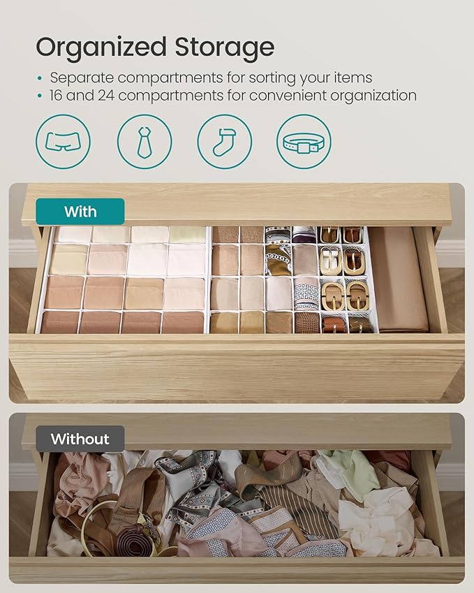 SONGMICS Set of 4 Drawer Organizers, Closet Organizers for Underwear, 80 Cells, Foldable Sock Holders, 11.8 x 11.8 x 3.9 Inches, for Storing Socks, Ties, Belts, Cloud White URUS011W01