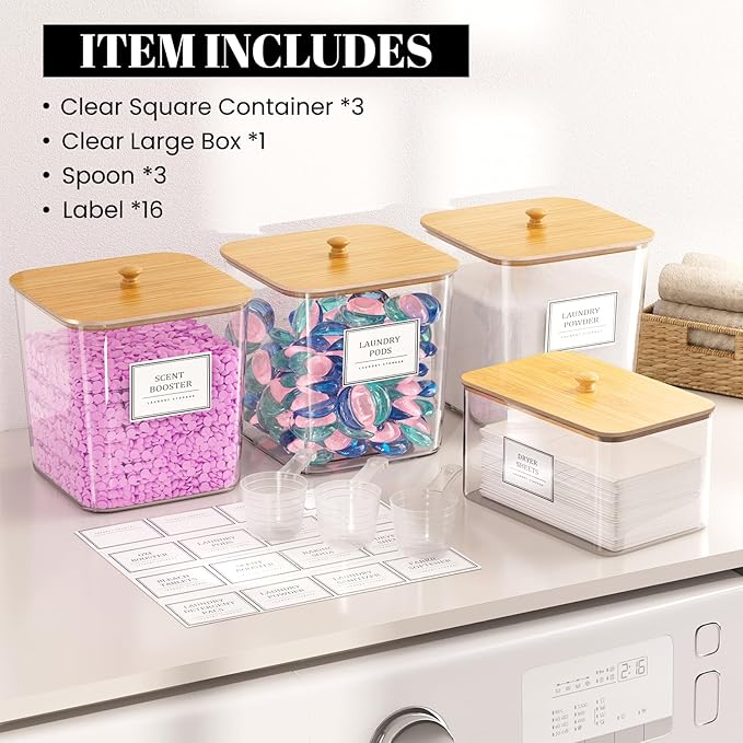 HomePekite Laundry Pods Storage Container, Clear Laundry Room Organization and Storage,Detergent Powder Container,with Wooden Lids & Labels, 3+1 Pack