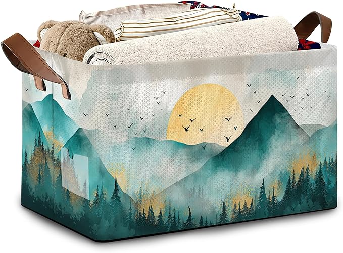 Abstract Mountains Collapsible Storage Box,Golden Sun Organizer Bin with Handles for Room Decoration,Bins Book Basket Box 17x11.5x10Inch