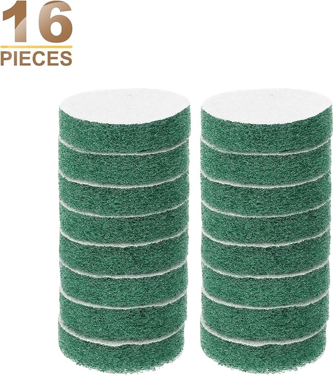 HARFINGTON 16pcs Scrubber Scouring Pads 180 Grits 2 Inch Drill Power Brush Hoop and Loop Surface Conditioning Disc Drill Scuffing Disc Scrub Pads for Home Kitchen Cleaning, Green