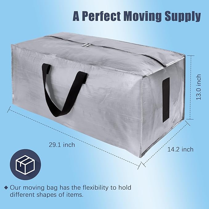 HOMESURE 8 Pack Large Strong Bags with Zippers & Carrying Handles - Water-Resistant - Heavy Duty Storage Tote for Space Saving Storage, Fold Flat, Alternative to Moving Box (Silver)