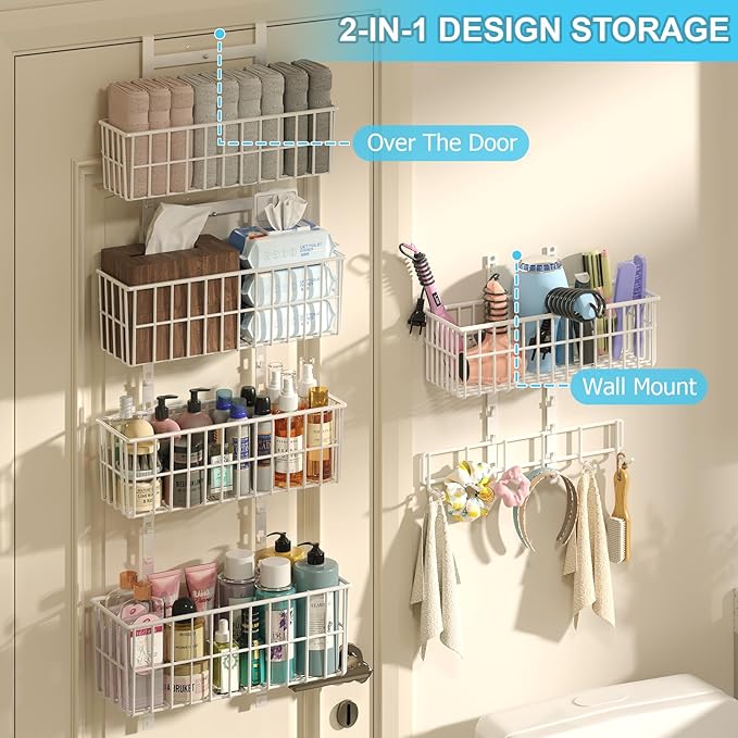 Hongtamoya Over The Door Organizer, Hanging Door Organizer with 5 Metal Baskets, Behind The Door Storage for Pantry Closet Bedroom Bathroom Cabinet Kitchen, White