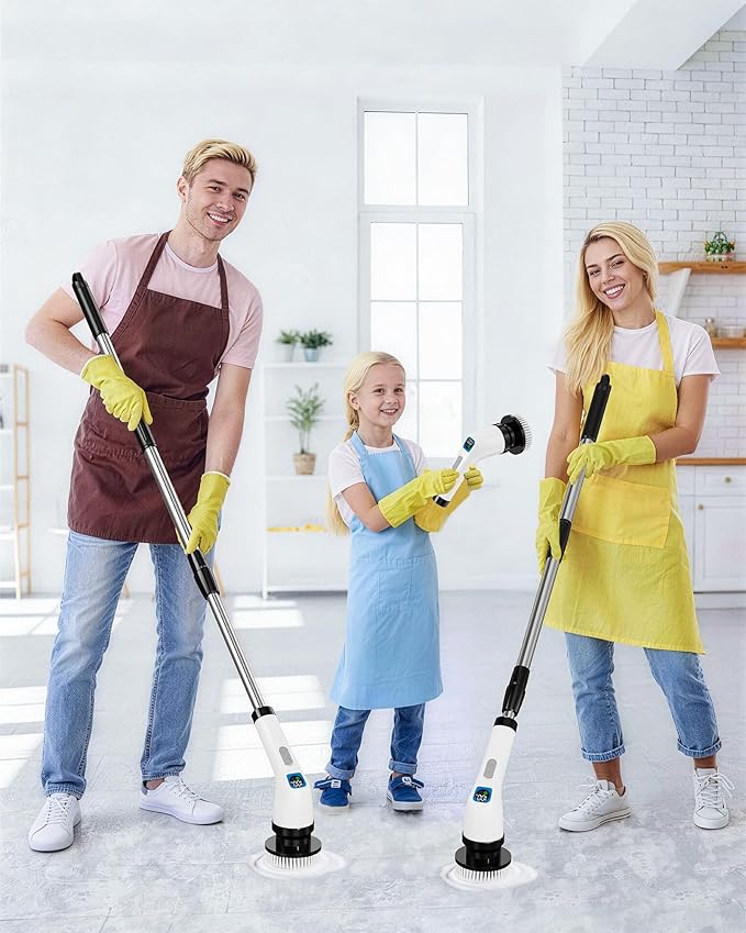 Electric Spin Scrubber, IPX7 Shower Scrubber 7 Replaceable Brush Heads-90Mins Work Time, 2-Speed Adjustable Bathroom Scrubber 3-Height Adjustable Handle Cordless Tub Scrubber for Bathtub Kitchen Glass