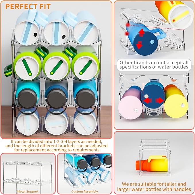 Yieach Larger Compartments Stackable Water Bottle Organizer for 40 oz Stanley Cup Holder,Yeti and Other Tumbler Organizer,4 Tier Wine Rack and Waterbottle Storage Rack for Kitchen Cabinets,Countertop