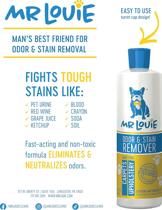 MR LOUIE Stain & Odor Remover for Carpet & Upholstery - Precision Pour No-Spray Cleaner Tough on Dog & Cat Urine, Vomit & Kid Stains - Safe for Kids & Pets (16oz)