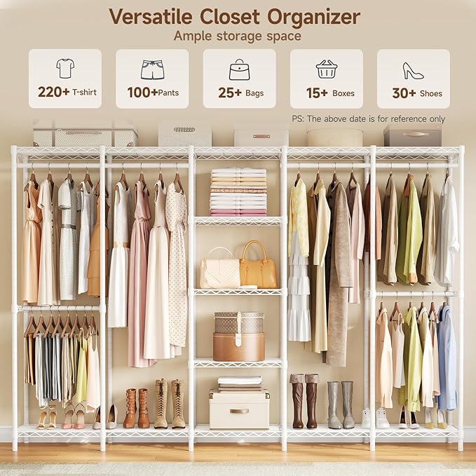 ONBRILL F5 Extra Large Industrial Pipe Clothing Rack, Freestanding Portable Closet Organizer System with Shelves & Hanging Rods, 88.6'' Wide Heavt Duty Clothes Rack, Max Load 1300lbs, White