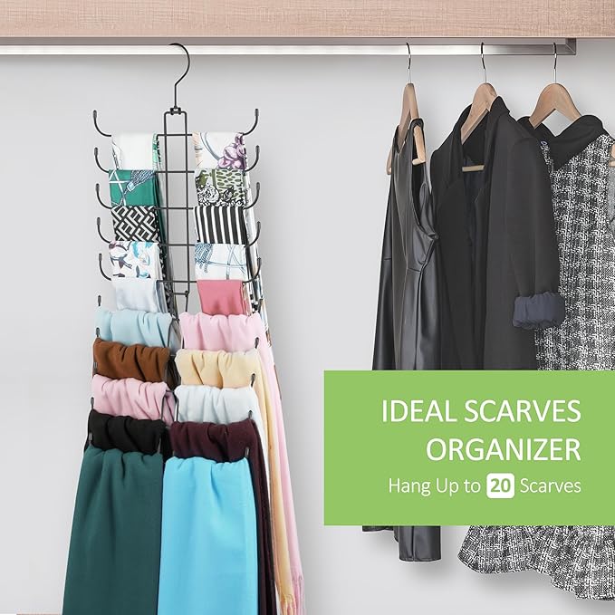 2 Pack Scarf Hanger for Closet, 40 Large Capacity Scarf Organizer, Space Saving Scarf Holder Hijab Rack Closet Organizers and Storage, Black