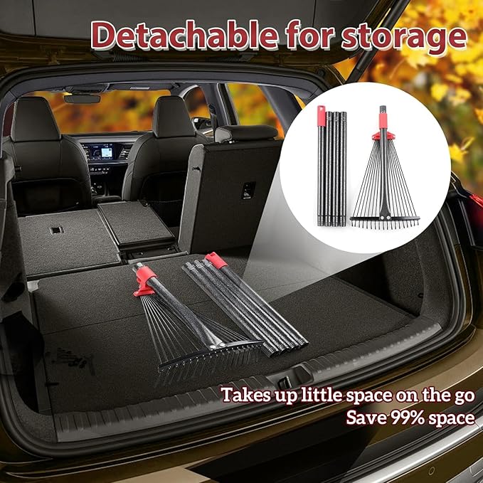 76 Inch Rake for Leaves, Adjustable 18 Metal Tines with Expandable Head Garden Rakes for Lawns Heavy Duty Metal Rake for Leaves Yard Gardening Grass Outdoor Debris