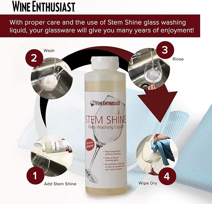 Wine Enthusiast Stem Shine - Wine Glass Liquid Cleaner to Eliminate Streaks, Remove Odor, Clean Contaminants & Grim – Hand Wash Delicate Glassware & Crystal (16 oz)