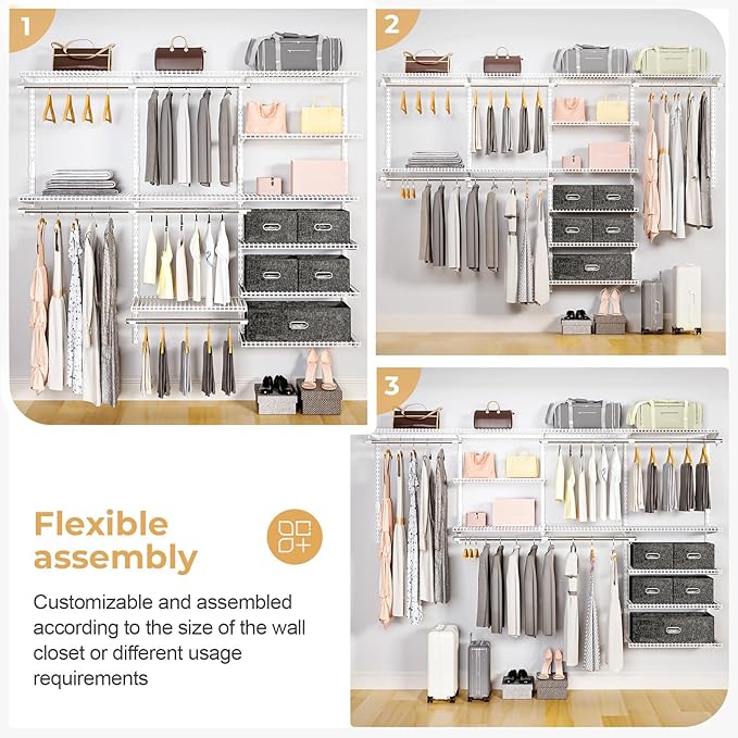 Wire Closet Organizer System, Wall Mounted 8.7 Ft. Custom Closet Kit for Bedrooms Laundry Mudroom Garage Basement, Adjustable Storage Shelves for Clothes Shoes Handbags