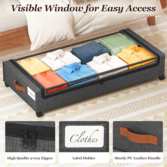 Yecaye 70L Under Bed Storage with Wheels, 3 Pack Larger Capacity Under Bed Storage Containers, Underbed Shoe Storage Organizer, Rolling Under Bed Metal Drawers for Clothes, Blankets, Hemp Grey