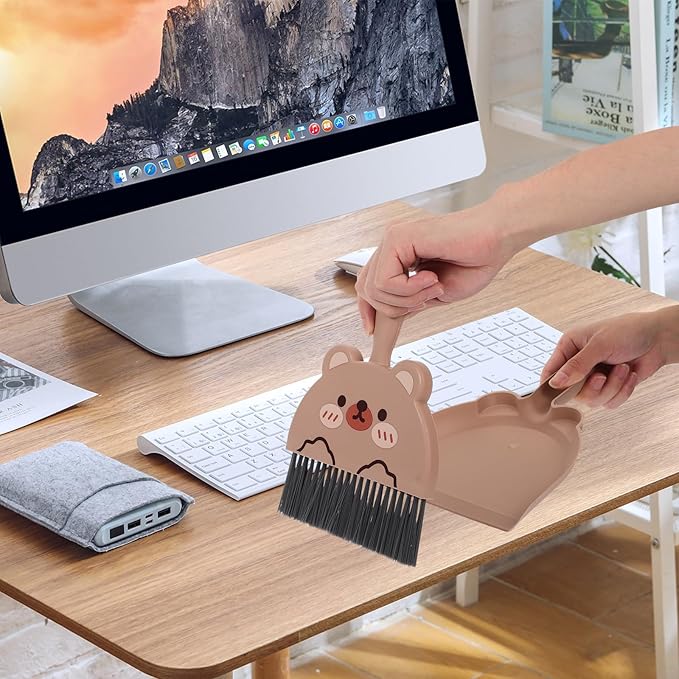 LOGOFUN Mini Dustpan and Brush Set Cartoon Small Broom and Dustpan with Bear Pattern for Home Office Desktop Cleaning Tool - Brown