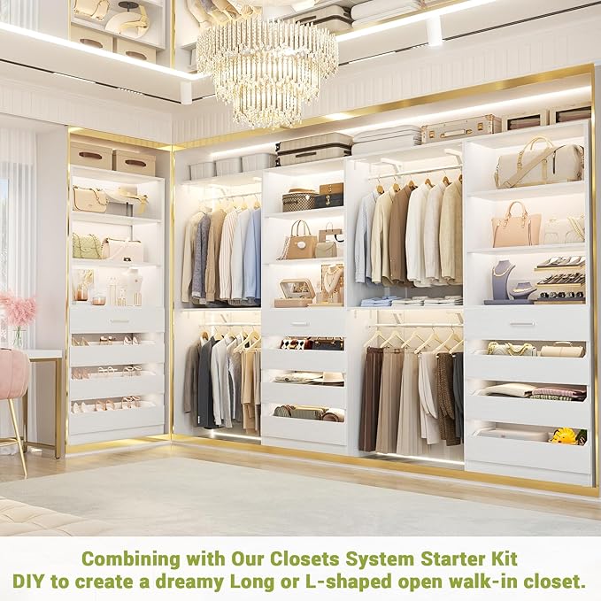 Aheaplus 21.3" Closet System with 4 Drawers, Wood Closet Organizer with Open Shelves, Modular Drawers System Tower, Walk-in Closets Small Wardrobe Rack, Tall Storage Cabinet Unit, White