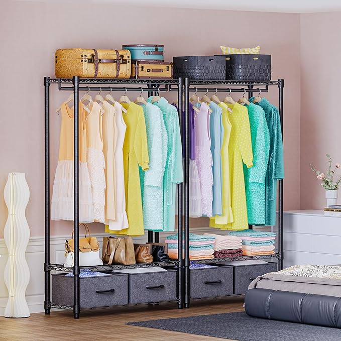 IZEUK Heavy Duty Rolling Garment Rack Wire Clothes Rack for Hanging Clothes (Dark Grey, 3 Tier with 2 box, 15.7" D x 35.5" W x 72.4" H)