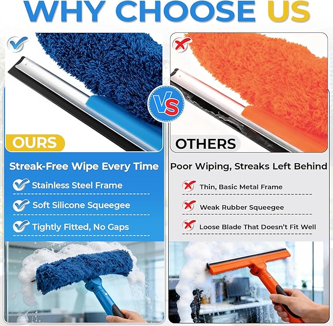 JTIEO 69'' Squeegee for Window Cleaning, 2-in-1 Window Squeegee Cleaner Tool with Extension Pole & Rotating Head, Blue Window Cleaning Kit for Shower Cleaner, Indoor & Outdoor Glass, High Window, Car
