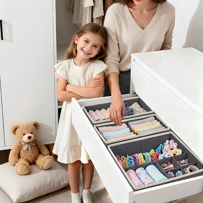 DECOMOMO Drawer Organizer for Baby – Clothes Organizer & Storage Dividers for Nursery, Storage Bins for Underwear, Bra, Socks, Diapers & Newborn Essentials (Grey, 12pcs)