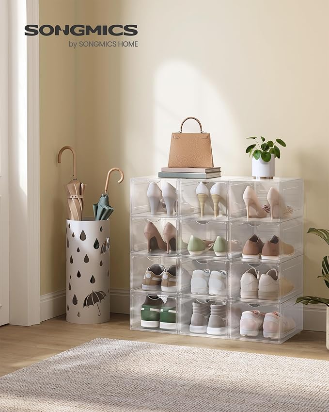 SONGMICS Shoe Boxes, Set of 12, Clear Plastic Shoe Storage, Stackable Sneaker Box, Drop Front Door, Up to US Size 11, Easy Assembly, 13 x 9.8 x 7.1 Inches, Transparent White ULSP032W12