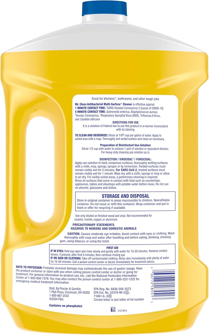 Mr. Clean Antibacterial All Purpose Cleaner, Floor Cleaner for Mopping Home, Bathroom, & Kitchen, Cleaning Liquid for Mop & Bucket, Cleaning Supplies, Multi-Surface Dilutable, Lemon, 99oz