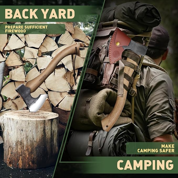 PURPLEBIRD Hatchet Axe with Sheath for Camping, 15 Inch Bushcraft Axe Carbon Steel Chopping Axes Wood Handle Splitting Axes, Hand-Forged Camping Hatchet for Carving Bushcraft Outdoor Forest Garden