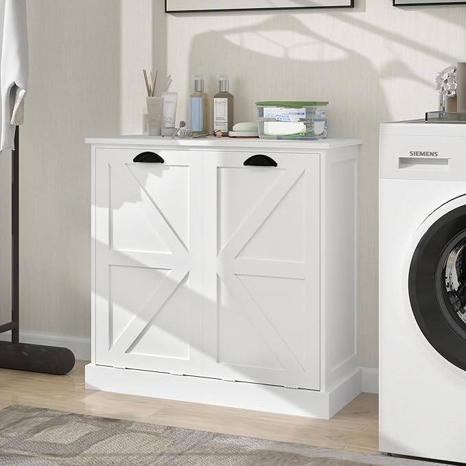 Two-Compartment Tilt-Out Laundry Sorter Cabinet with Removable Cloth Bags,Laundry Room Organization,UV Painting Cabinet for Laundry Room,Bathroom,Utility Room-White