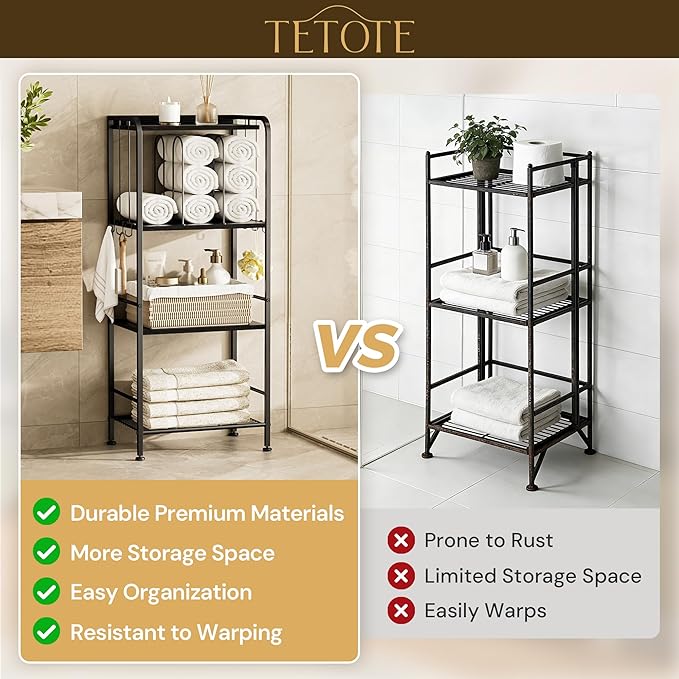 TETOTE 4-Tier Towel Rack for Bathroom M-Shaped Detachable Dividers & Hooks, Free Standing Towel Holder Bathroom Towel Storage Organizer for Pool, Kitchen, Laundry, Black