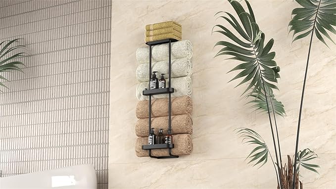 STWWO Bathroom Towel Storage, 36.4 Inch Towel Racks for Bathroom Wall Mounted with Shower Caddy with Metal Shelf, Black