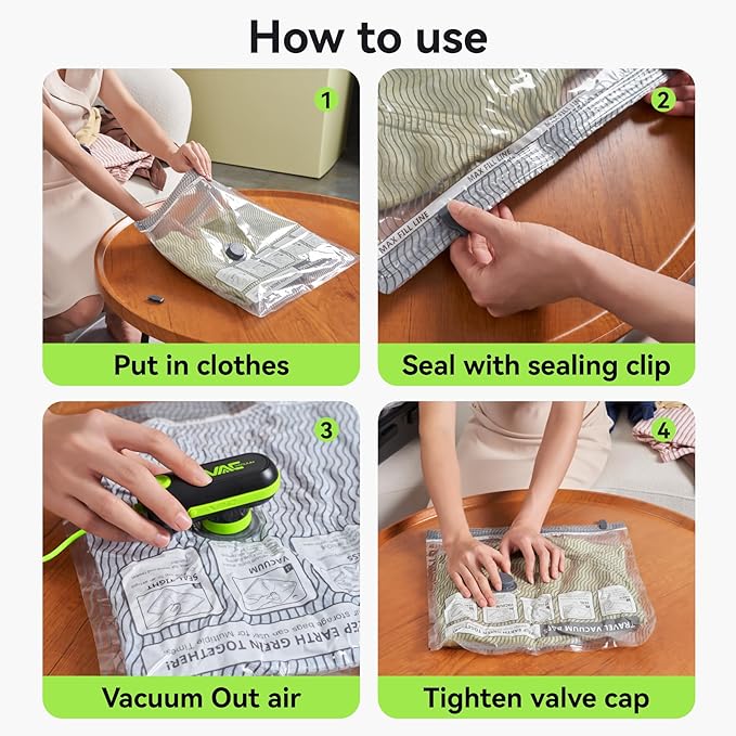 12 Pack Vacuum Bags for Travel with USB & TYPE C Pump,Compression Packing Cubes for Luggage,Carry-on Space Saver Vacuum Seal Bags&Vacuum Storage Bags for Vacation(Green)