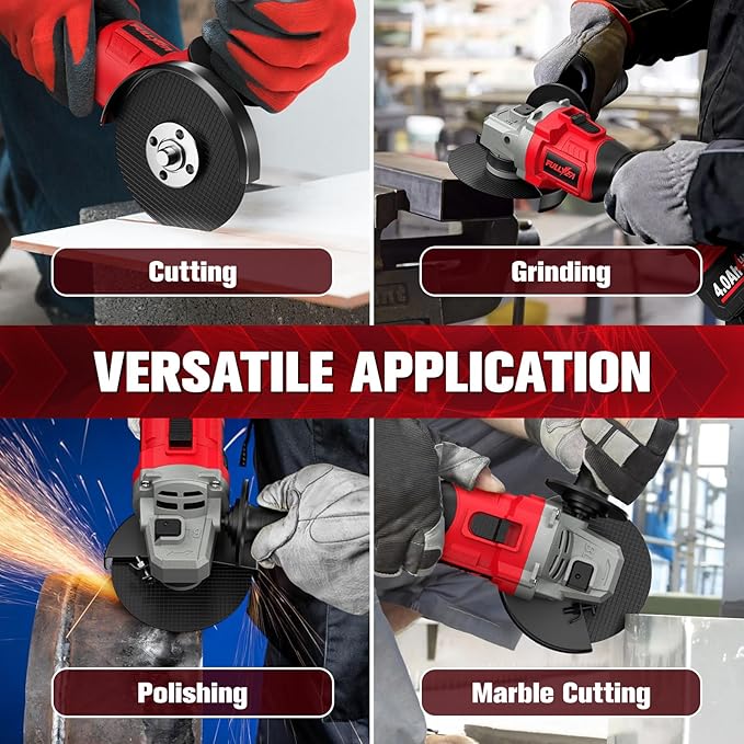 Cordless Angle Grinder 4-1/2 inch, 12000 RPM Brushless Metal Grinder Power Tools with 2x4.0Ah Battery, 3 Variable Speeds Angle Grinder with Auxiliary Handle for Cutting Grinding Polishing