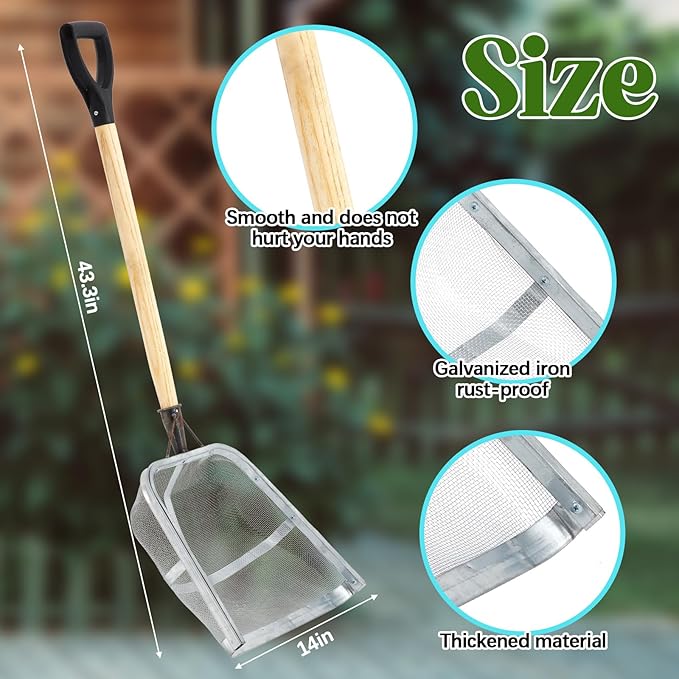 Leaking Soil Shovel Filter 0.08 Inch/ 2 mm Mesh 43.3''L Chicken Poop Scooper Stainless Steel Sieve Sifting Shovel with D Grip Wood Handle for Gardening Farm Chicken Coop Goat Stall