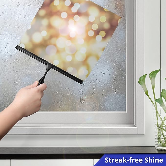 HOME SO Shower Squeegee for Glass Doors – Stainless Steel Squeegee with Adhesive Hooks - Window, Floor & Car Squeegee, Multi-Purpose Bathroom, Mirror & Tile Cleaner - Bathroom Essentials - Black 12"