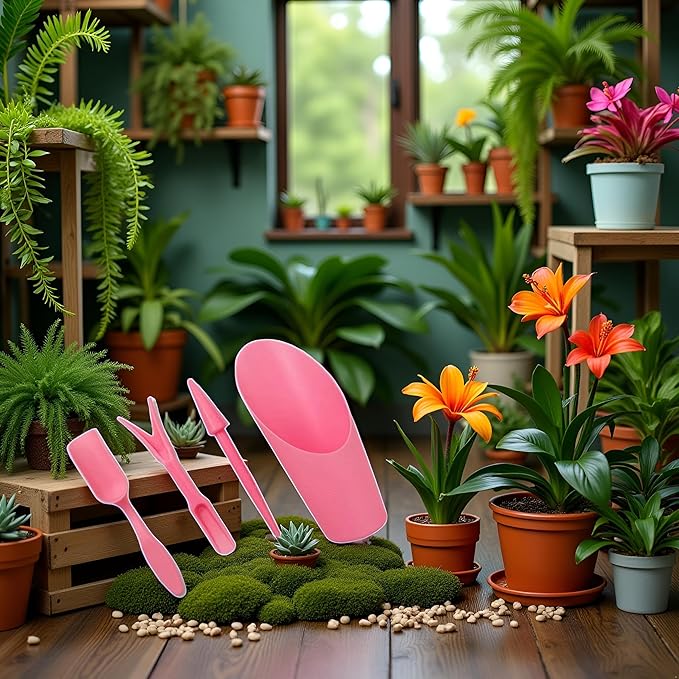 4 Pcs Pink Set Mini Garden Soil Spoon Plastic Planting/Transplanting Garden Tool Set Indoor Mini Garden Plant Care Shovel Soil Cup Bucket Shovel Transplanting Tool Gardening Shovels
