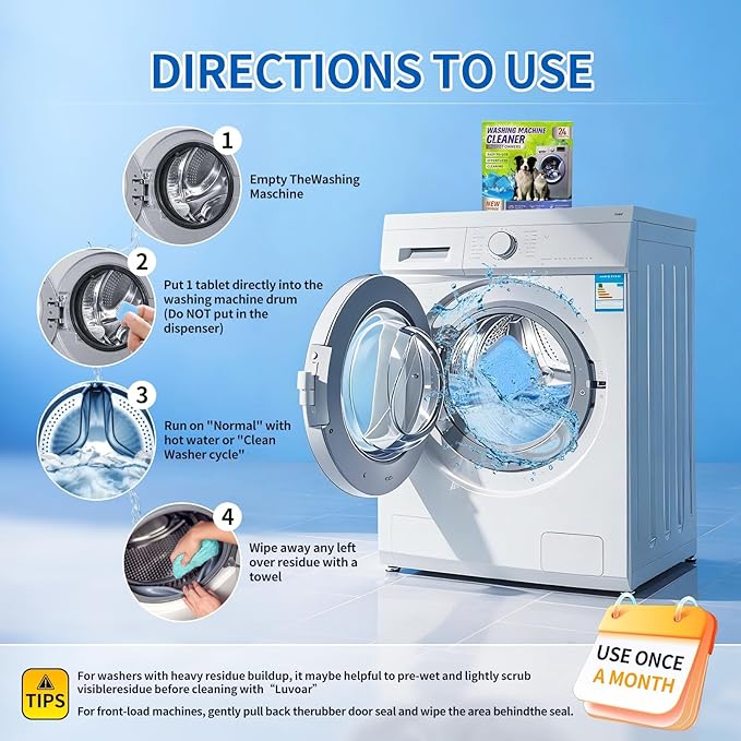 Ultra-Powerful Washing Machine Cleaner Tablets-24 Packs, Deep Cleaning Tablets for Front Loader,Top Load & HE Washers,Formulated for Pet Owners,1 Year Supply