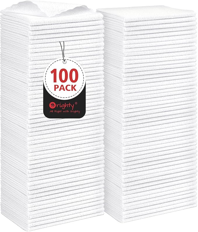 Orighty Cleaning Cloths, Shop Towels 100 Pack, Shop Rags Reusable, Microfiber Cleaning Rags Bulk for Cars, Multi-Purpose Lint Free Towels for Automotive, Mechanic, Kitchen, 11.5’’ x 11.5’’, White