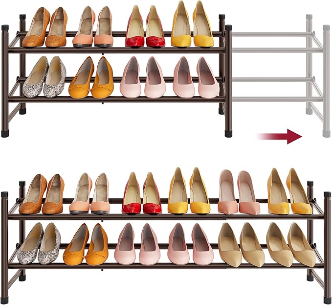 Tajsoon 2 Tier Expandable Shoe Rack for Closet, 28“-41“Adjustable & Stackable Shoe Shelf Storage, Metal Shoe Rack Organizer for Front Door Entrance, Closet, Garage, Entryway, Bronze