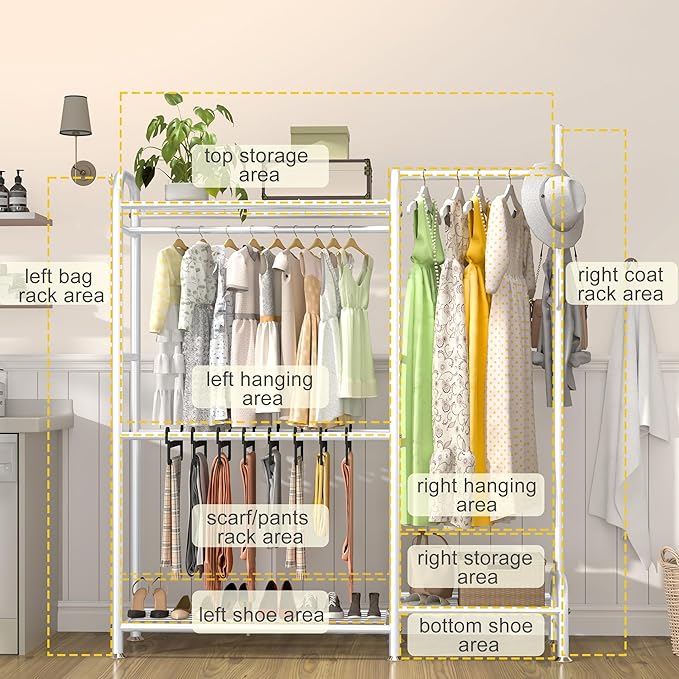 GAIOUS White Portable Closet Rack Wardrobe Clothes, Metal Garment Rack with Shelves for Hanging Clothes Rods，Freestanding Closet Wardrobe Organizer for Cloakroom, Bedroom