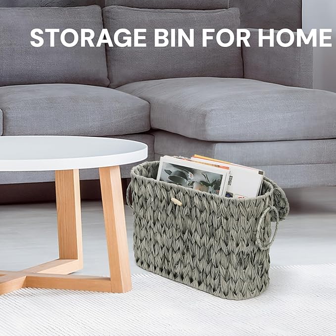 Pumtus Toilet Paper Storage Basket, Handwoven Toilet Paper Holder with Lid & Handle, Large Decorative Container for up to 6 Rolls, Plastic Trash Bin Magazine Organizer for Bathroom, Office