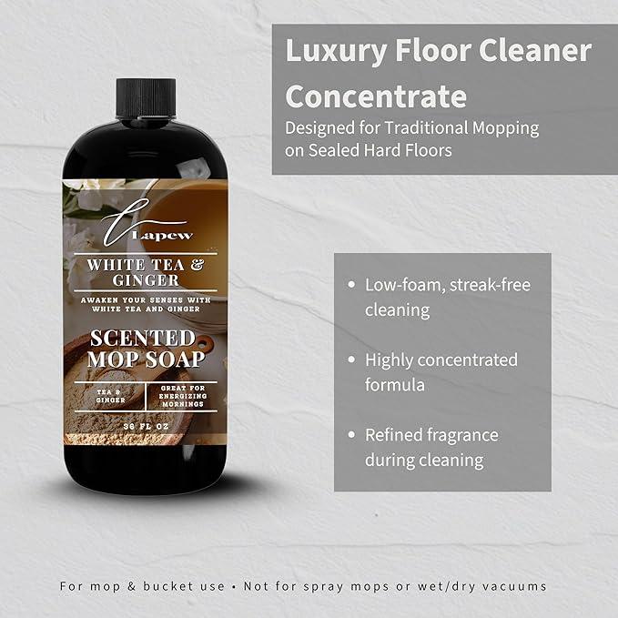 Lapew White Tea & Ginger Scented Mop Soap - Luxury Floor Cleaner Concentrate for Mopping Tile, Laminate, Vinyl & Hardwood | Streak-Free, Low-Foam | 36 oz