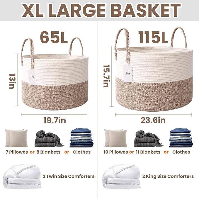 JMvicyroam 65L Extra Large Blanket Basket for Living Room - Woven Cotton Rope Laundry Hamper with Reinforced Handles - Storage Bin for Pillows, Comforters & Toys - Machine Washable,White&Brown