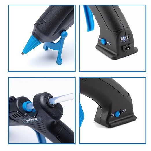 NEIKO 02660A Cordless Glue Gun, 15W Rechargeable Hot Glue Gun, 10 Glue Sticks Included, Wireless Anti Drip Nozzle Mini Glue Gun with Stand for Arts and Crafts, Mini USB Charging Port, Insulated Nozzle