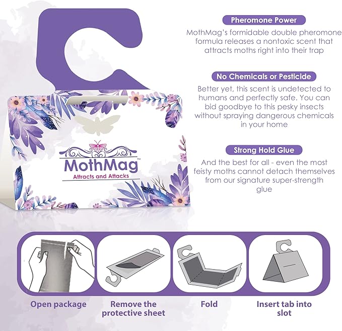 MothMag Moth Traps for Clothes, Closets, Fabrics, and Carpets, Clothing Moth Traps, Clothes Moth Traps, Closet Moth Traps, Moth Pheromone Traps, Extra-Strength Adhesive Glue Clothes Moth Trap, 6 Pack