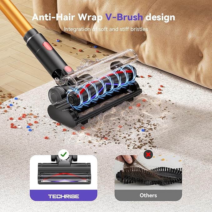 TechRise Cordless Vacuum Cleaner for Home, Powerful Suction Stick Vacuum with Tangle-Free Brush, Up to 60 Min Runtime, 8-in-1 Versatile & Self-Standing for Hardwood Floors, Carpets, Pet Hair