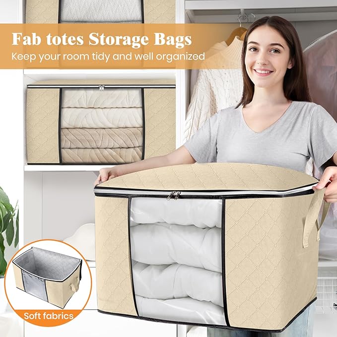 Fab totes 24 Gallons Clothes Storage, Foldable Thick Fabric Blanket Storage Bags, Containers for Organizing Bedroom, Closet, Clothing, Comforter, Organization with Handle (3 Pack,Beige)