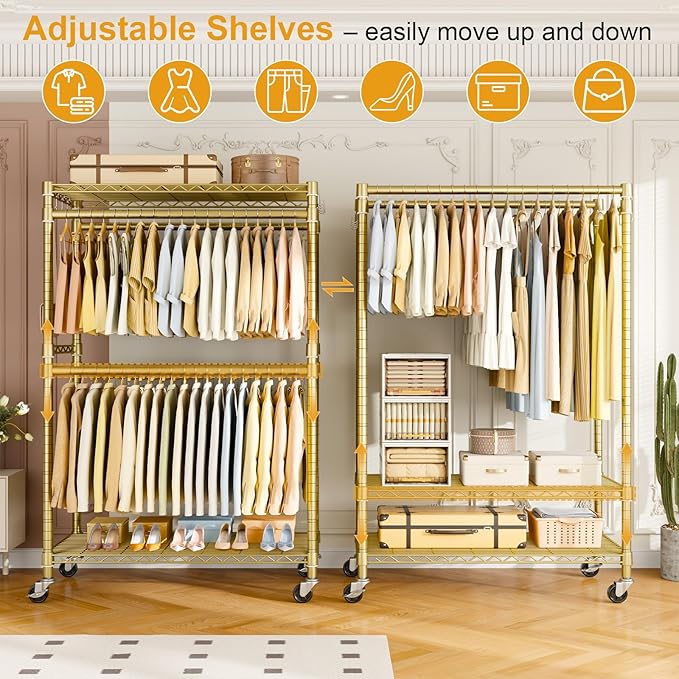 ULIFHOME P4 Plus Rolling Clothes Rack Heavy Duty, Clothing Racks for Hanging Clothes, Free Standing Garment Racks with Wheels, Portable Closet Rack 45'' W × 20.5'' D × 80.5'' H, Max Load 570 Lbs, Gold