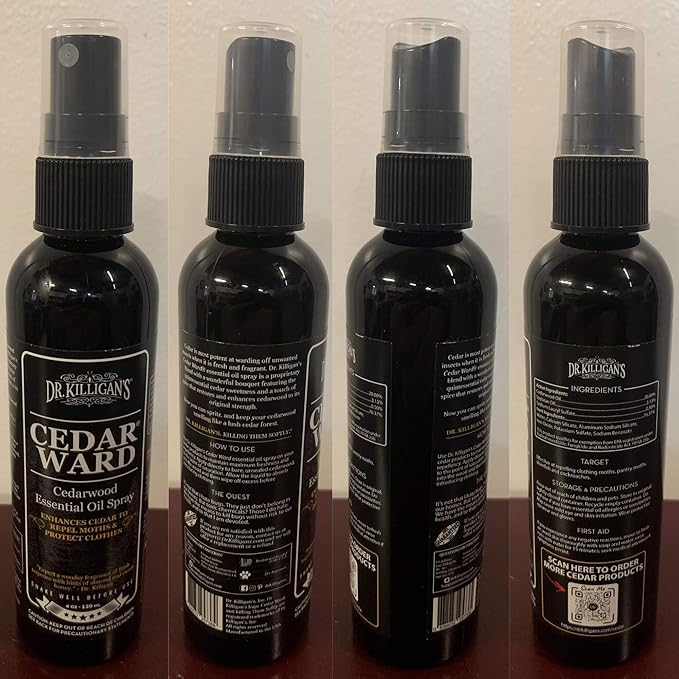Dr. Killigan’s CedarWard Spray - 4 fl. oz. - Natural Cedar Oil Formula Restores Scent to Cedarwood Accessories, Closets, Drawers, Trunks, Chests, Pest and Moth Repellent for Clothes