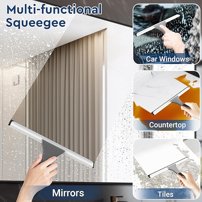 All-Purpose Silicone Shower Squeegee for Glass, Window, Door, Mirror, Car Windshield & Tile Wall, Portable Cleaner Tools, Includes One Hook & One Adhesive,10 Inches (Gray)