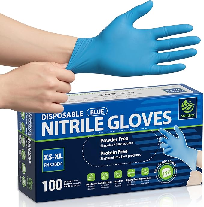 Food Safe Disposable Gloves, Blue Nitrile Rubber Gloves, Latex-Free Powder-Free for Food Prep, Cooking, Cleaning
