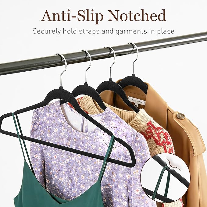 Velvet Hangers 50 Pack, Slim Non-Slip Clothes Hangers Space-Saving for Closet, Heavy Duty for Pants, Coats, Skirts, Jeans, Sweaters and More, Nylon-Flocked, Black